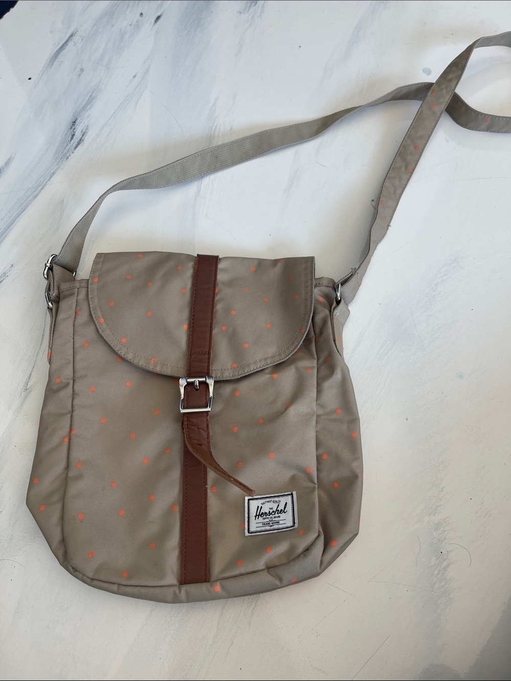 Herschel Supply Company Beige Crossbody Bag with Orange Dots and Brown Strap